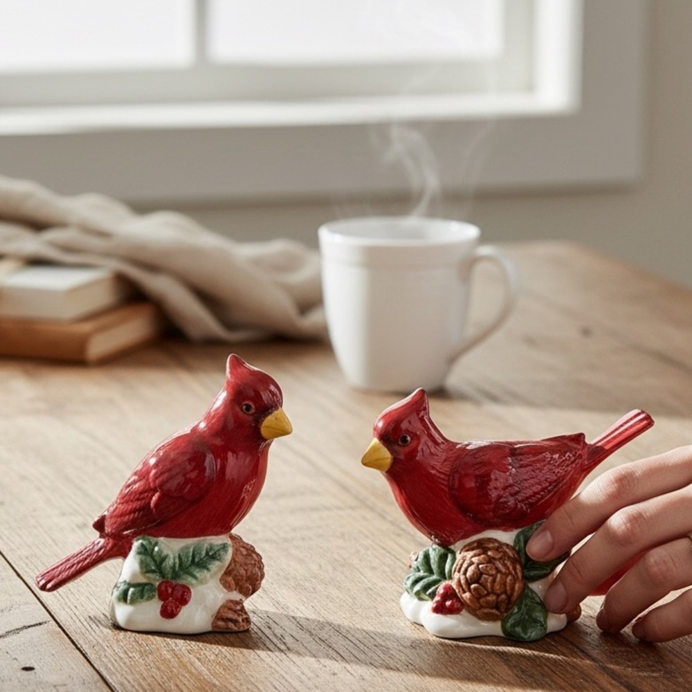 Holiday Time Festive Cardinal Salt & Pepper Shaker Set Red/White/Brown NIB